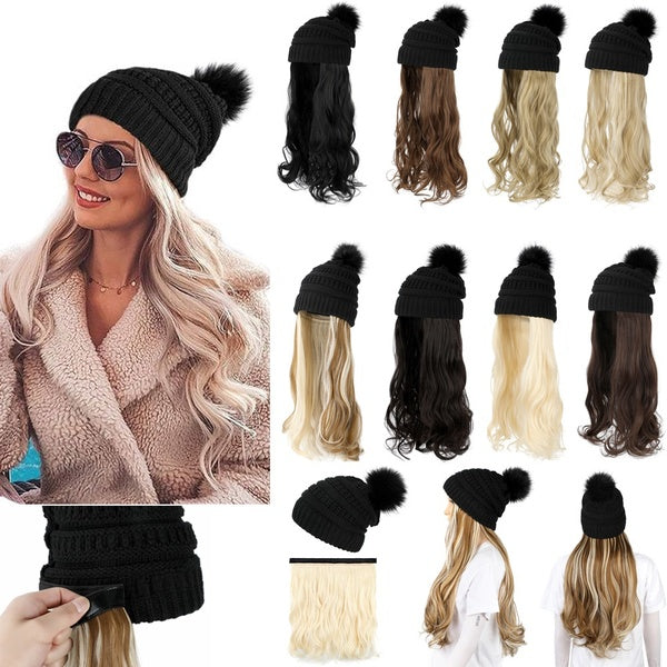 Suitable For Autumn Winter Ladies 200g Long Wavy Synthetic Wig Warm Removable Black Khaki Knitted Hat with Hair Extension Plus Velvet With 8 Colors A