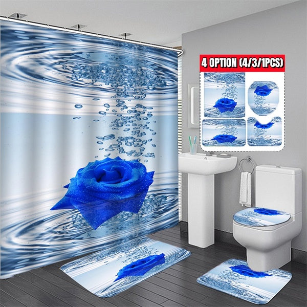 Blue Water Rose Bathroom Waterproof Shower Curtain120x180cm-150x180cm-180x180cm-180x200cm To Choose Non-slip Mats Bath Carpets Toilet Seat Cover Floo