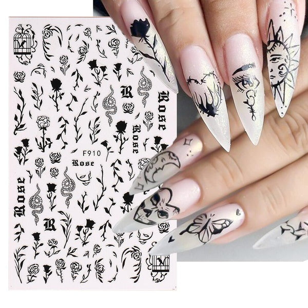Black 3D Nail Sticker Leaves Rose Snake Butterfly Blood Line Flower Design Slider Gel Polish Manicure Nail Art Decoration JIF909
