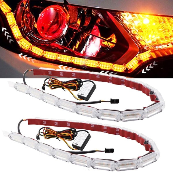 Bande lumineuse LED pour voiture 2 pièces 17 pouces bandes de phare flexibles DRL tube de lumière double couleur blanc ambre feux diurnes étanche néo
