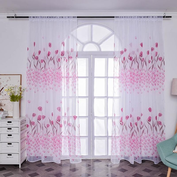 1pc Tulle Sheer Curtains Window Voile Curtain Chic Room Tulip Flower Curtain Pastoral Curtains for The Living Room Bedroom Home Decoration