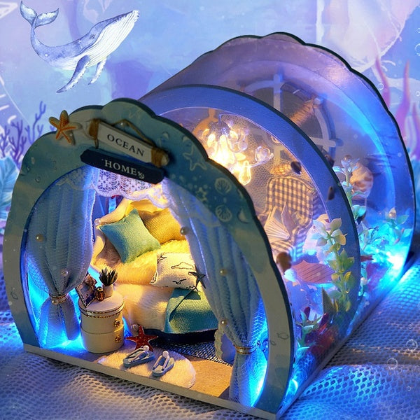 DIY DollHouse Kit, Blue Dream Dollhouse Miniature with Furniture for Kids Adult Birthday Christmas Gift