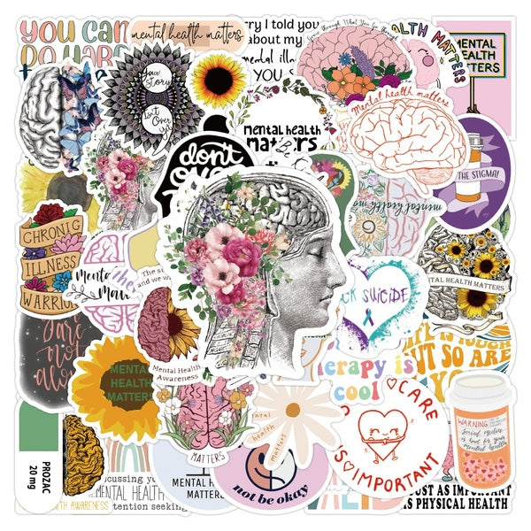 10-25-52PCS Mental Health Matters stickers Cartoon Inspirational Girl graffiti Stickers for DIY Luggage Laptop Skateboard Motorcycle Bicycle Sticker