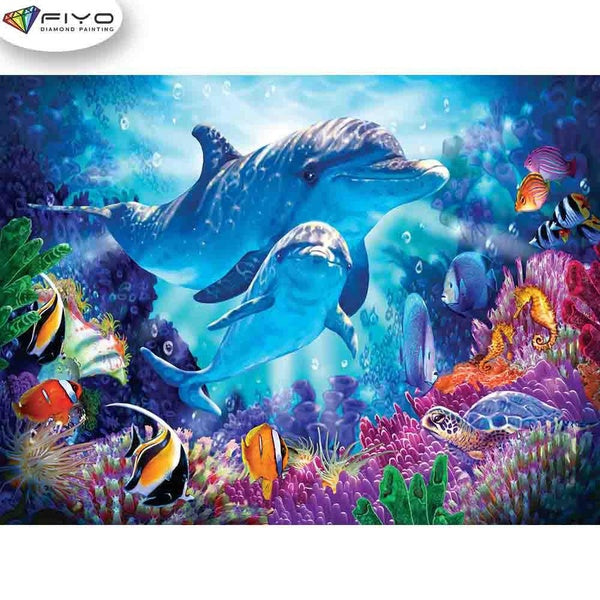 FIYO Dolphin DIY 5D Diamond Painting Full Drill with Number Kits Home and Kitchen Fashion Mosaic Diamond Painting Canvas Wall Decoration Gift Crafts