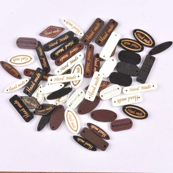 Mixed Shape 50Pcs Wooden Button "Hand Made" Tags Clothes Sewing Accessories For Scrapbooking Wood Crafts DIY 2 Holes M1869