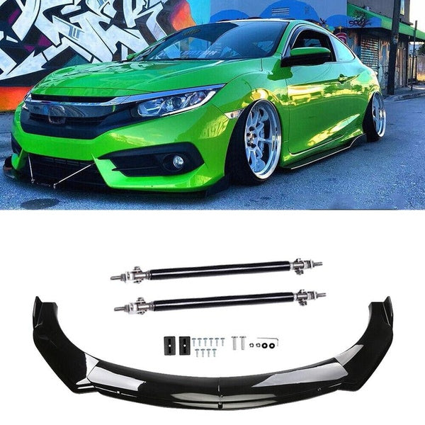 Universal Gloss Black Front Bumper Lip Spoiler Splitter Strut Rod Body Kit
