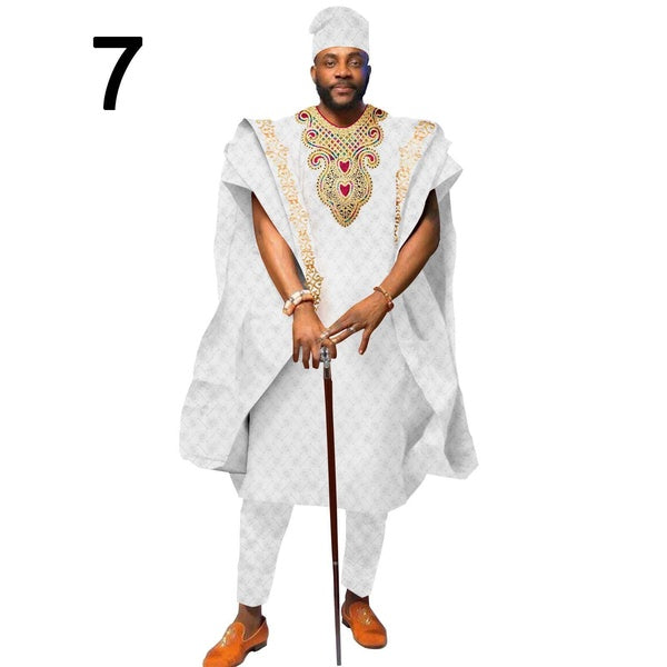 African Agbada Men's Embroidered Printed Robe Dashiki Hoodie Trousers Hat 4 Piece Set