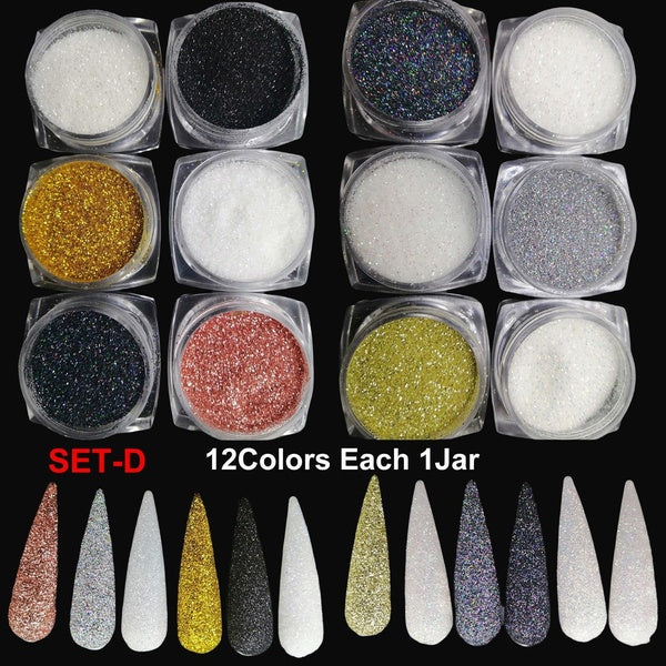 12-6Color 0.2MM Fine Glitter,Iridescent Holographic Silver Black White Sugar Sand Glitter Dust Powder for Resin,Slime,Cosmetic Glitter for Eye face B