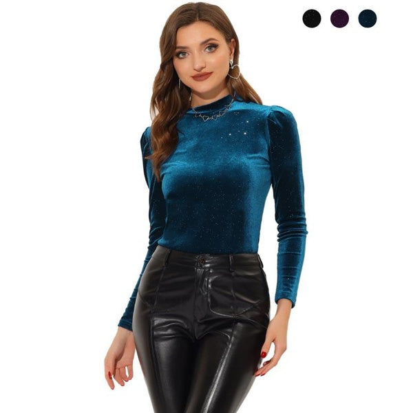Women's Metallic Glitter Velvet Mock Neck Puff Long Sleeve Blouse Top XS-XL