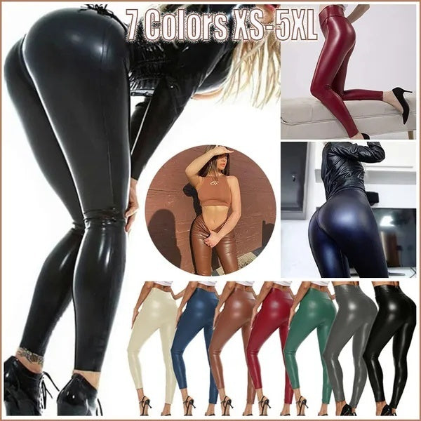 Leggings en similicuir ultra doux pour femmes brillants Leggings taille haute extensibles pantalon crayon amincissant
