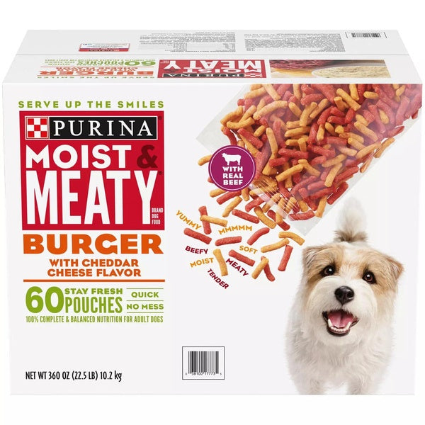 Purina Moist & Meaty Burger with Cheddar Cheese Flavor, Adult Dog Food, 6 oz, 60 ct