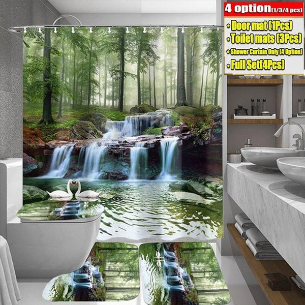 3D Natural Scenery Shower Curtain Set 1-3-4Pcs Swan Lake Shower Curtain Print Waterproof Shower Curtain with Hook Washable Cloth Toilet Cover Cushion