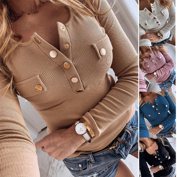 Autumn New Button Decoration Long Sleeve Pockets Blouses Casual Bodycon Women T-Shirt