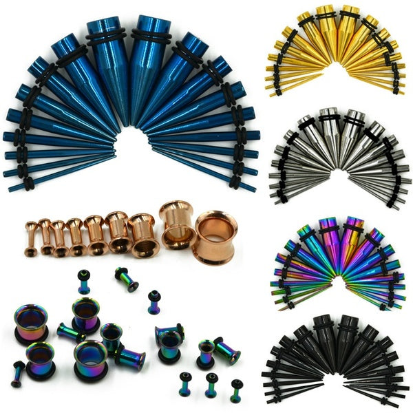 36 pcs-lot Kit d'étirement de cône d'oreille en acier chirurgical extenseur de jauge bouchons de Tunnel d'oreille de chair lobe d'oreille boucle d'or