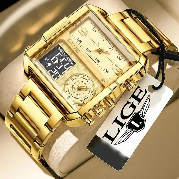 2023 LIGE marque de luxe hommes montre de sport or Quartz acier bande étanche double affichage horloge montre + boîte