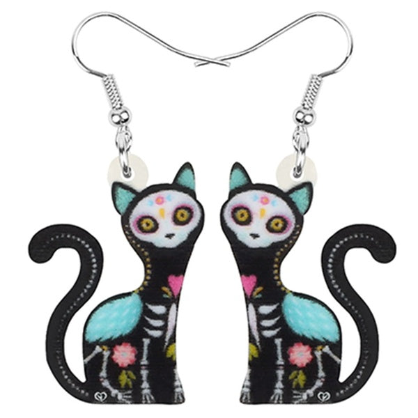 Acrylique Halloween chat noir chaton crâne boucles d'oreilles squelette Animal balancent goutte animaux bijoux pour femmes filles charme mode cadeau