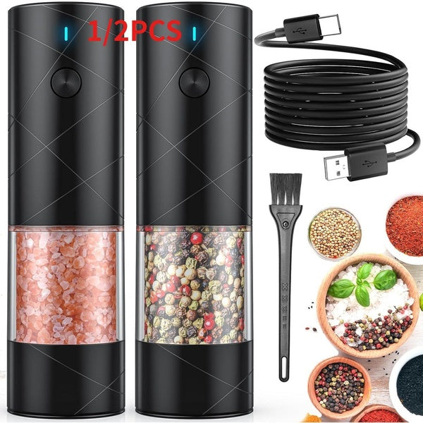 1-2Pack Electric Salt and Pepper Grinder Set USB Rechargeable with Warm LED Light, Adjustable Coarseness Large Capacity Automatic Salt Pepper Mill Gr