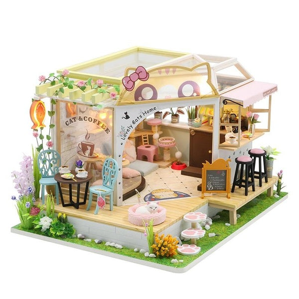 DIY Dollhouse Miniature Cat Coffee Shop 3D Cafe Model Kits Wooden Dolls House Furniture Lights Accessories Birthday Christmas Gift for Boys Girls