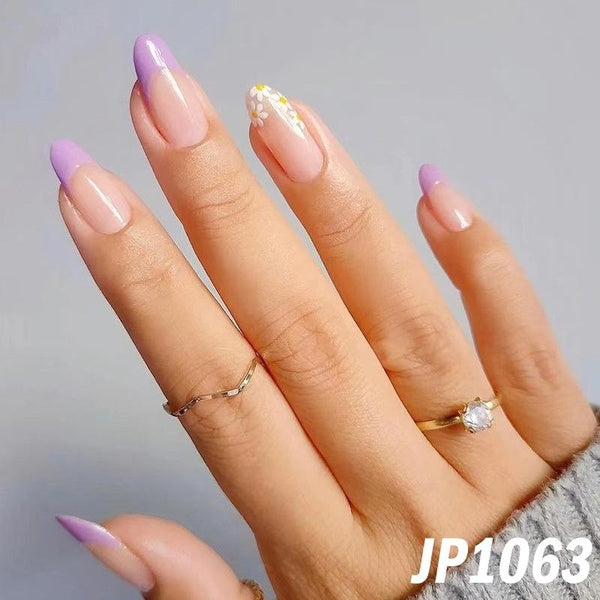 Small Flower Light Purple False Nails French Simple Blue Glitter Powder Starlight Press On Nails Olive Green Whitening Fake Nails with Glue for Ladie