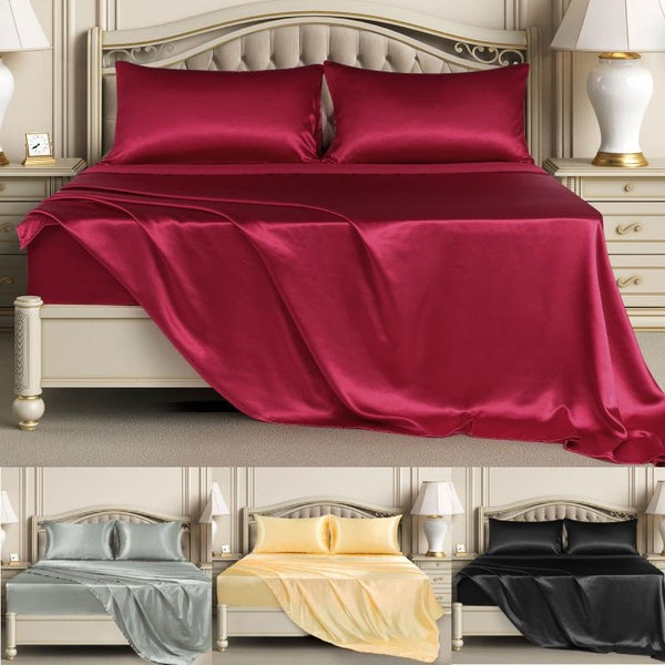 Satin Bed Sheets Set, Queen Size 4 Pieces Silky Sheets Microfiber Black Bed Sheet Set with 1 Deep Pocket Fitted Sheet, 1 Flat Sheet and 2 Pillowcase