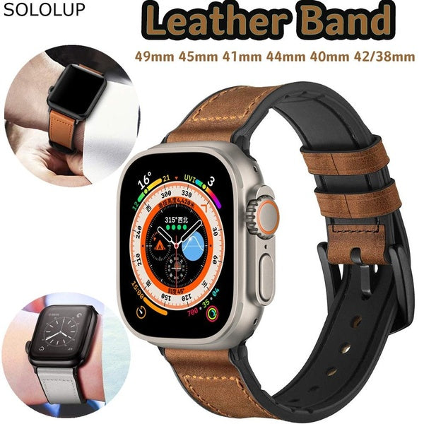 SOLOLUP Soft Genuine Leather Band for Smart Watch Ultra 2-Ultra 49mm 9 8 7 41mm 45mm 44mm 40mm for SmartWatch 38mm 42mm Series 5 4 3 SE 6 2 1 Men Lea