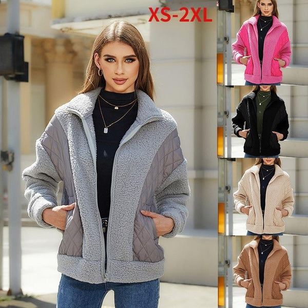 Women's Autumn and Winter New Fashionable Long Sleeved Cardigan with Zipper and Plush Patchwork for Women's Outerwear