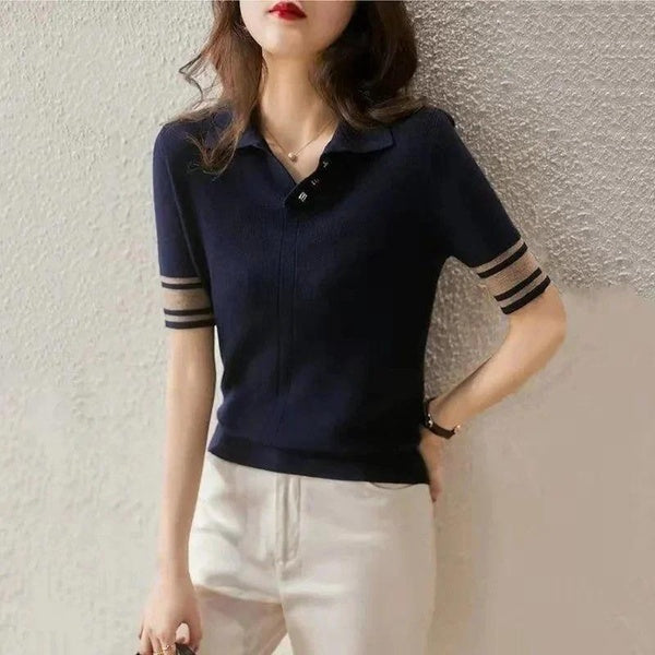 Polo Neck Shirts for Women Knit T-shirt Woman Navy Blue Clothing Tops Short Sleeve Tee V New Youth Synthetic Luxury Cute Sale
