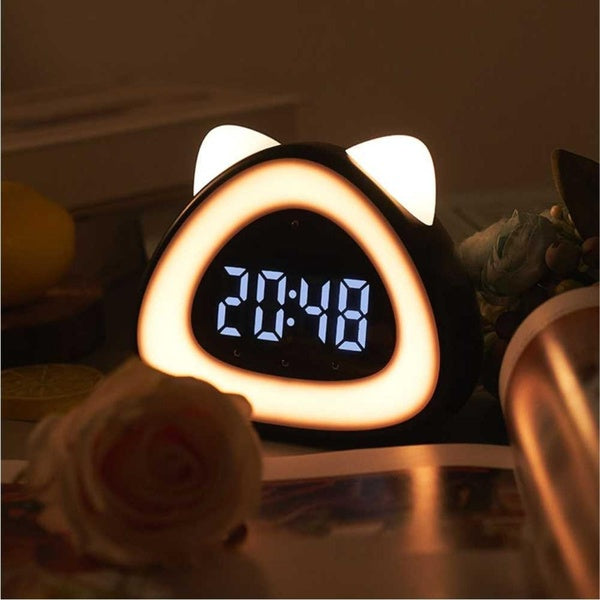 Digital Clock Bedside Table Clock Wake-up Lamp Cat-shaped Alarm Clock Desk Sound-controlled Electronic Clock with Thermometer