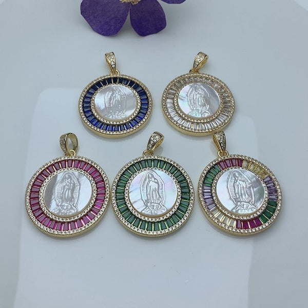 18k Plaqué Or Coquillage Métal Zircon Rond Notre Dame de Guadalupe Vierge Collier Pendentifs Charmes Pour La Fabrication De Bijoux DIY Religiou Acces