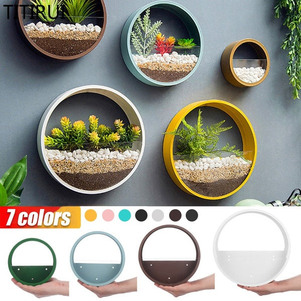 Hanging Flower Pot, Modern Round Wrought Iron Acrylic Wall Hanging Vase Home Decoration Frame Home Room Decoration Frame