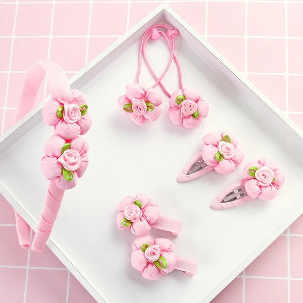7 Pcs-Set Sweet Rose Hair Clips for Kids Girls Flower Headbands Hair Rope Covered Safety Clips Headwear Hair Accessories Matron Inn