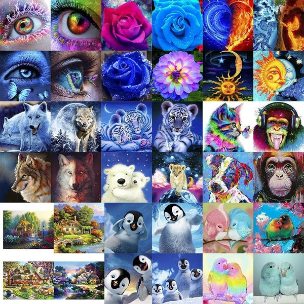 DIY 5D Flower Animal Landscape Bird Dog Cat Wolf Pattern Round Diamond Painting Full Drill with Number Kits Home and Kitchen Fashion Crystal Rhinesto