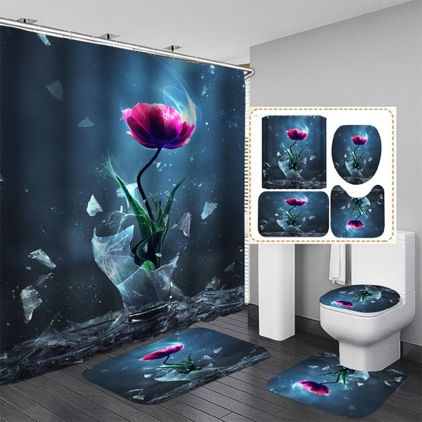 Rose Waterproof Bathroom Shower Curtain Set with Bath Mats and Rugs Toilet Seat Cover Bathroom Decor Polyester Fabric Washable