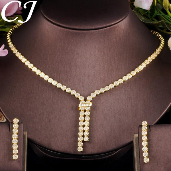 CANDICE Haute Qualité Plaqué Or Jaune Lady Party Ensemble de Bijoux Micro Pavé Minuscule Bling Blanc AAAAA CZ Cristal Pierres À La Mode Femmes Penden