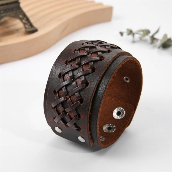 2023 Vintage Bijoux Tissage À La Main En Cuir Véritable Bracelet Hommes Charme Manchette Large Bracelet En Cuir Pulsera Hombre