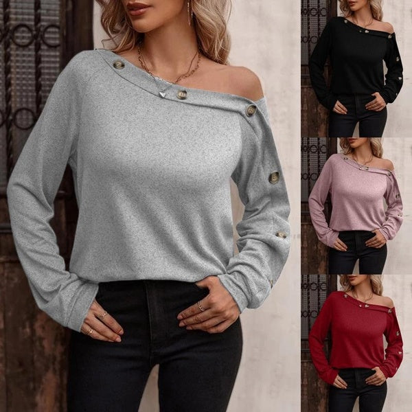Women's Autumn Winter Diagonal Collar Long Sleeve Tops Ladies Fashion Casual Loose Blouses Button Decorative Tops