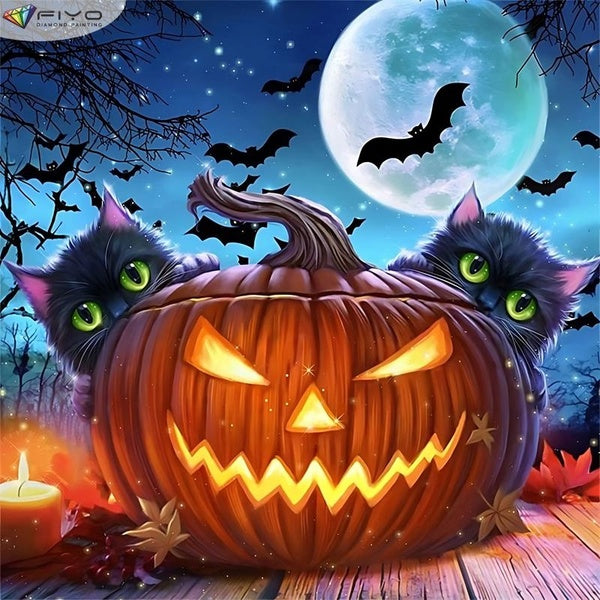 FIYO Halloween Cat DIY 5D Diamond Painting Full Drill with Number Kits Home and Kitchen Fashion Mosaic Diamond Painting Canvas Wall Decoration Gift C