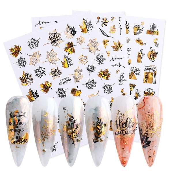 Holographic Autumn Maple Leaf Nail Stickers 3D Laser Gold Fall Nail Design Abstract Face Leaves Flower Nail Decals Nail Art Supplies