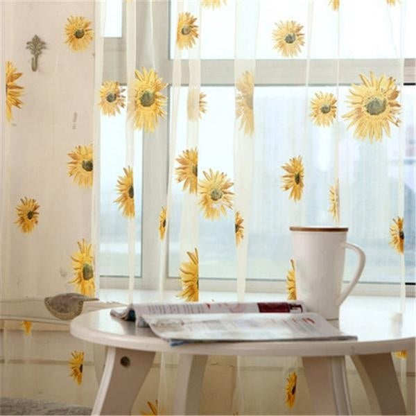 1pc Tulle Curtains Window Voile Curtain Chic Room Sunflower Sheer Curtain Pastoral Curtains for The Living Room Home 1M*2M(Single Layer）