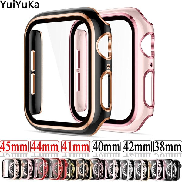 YuiYuKa Glass+PC Case Cover For Apple Watch Case 8 7 SE 6 45mm 41mm 44mm 40mm Watch Bumper+Screen Protector Cover for Apple Watch Series 3 4 5 42mm 3