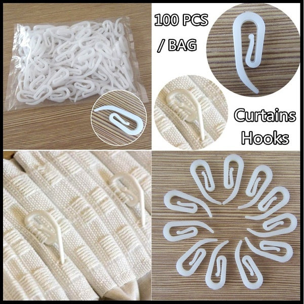 100 Pcs Clip Curtains Hooks Convenient Home Curtain Hooks for Curtains White Plastic Nylon Tape Gliders Hook Up