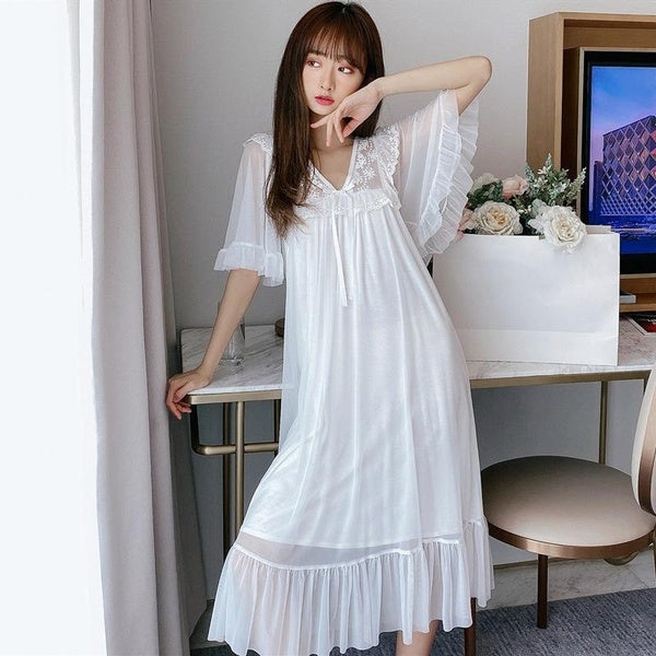 Women Mesh Dress Lace Nightdress Sleepwear Pajamas Ruffle Fairy Princess Retro