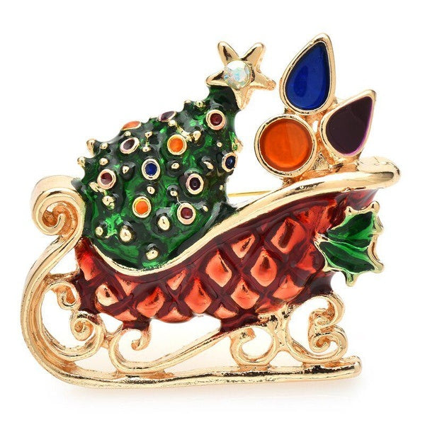 Enamel Sleigh Brooches Taking Tree Candles Sled Christmas New Year Gifts Brooch Pins