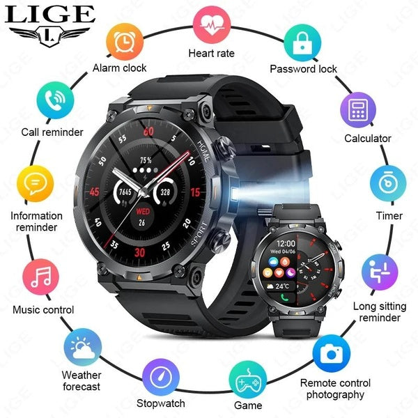 LIGE montre intelligente hommes avec lampe de poche robuste Sport de plein air Bluetooth appel Assistant vocal 1.39 pouces Fitness Tracker Smartwatch