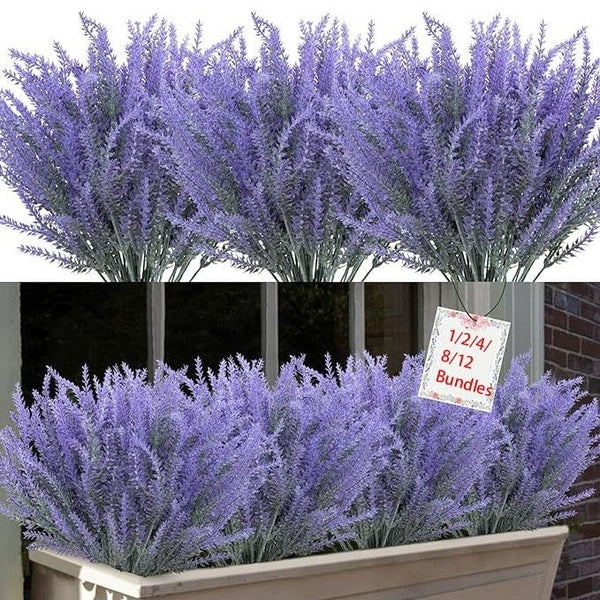 1-2-4-8-12 Bundles Outdoor Artificial Lavender Flowers, Outdoor UV Resistant Fake Flowers No Fade Faux Plastic Plants Garden Porch Window Box Decorat