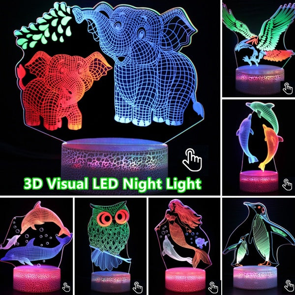 Amélioré 3D Acrylique Veilleuse Dynamique 3D Dauphin Hibou LED Veilleuse Acrylique Lampe De Table Changement De Couleur Timing Télécommande Veilleuse