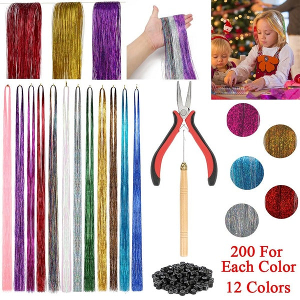 12 Colors Hair Pieces 47 inches Hair Extensions Tinsel with Tool 2400 Strands Hair Extension Tinsel Glitter and Dazzling Wig Set Hair Accessories for Matron Inn
