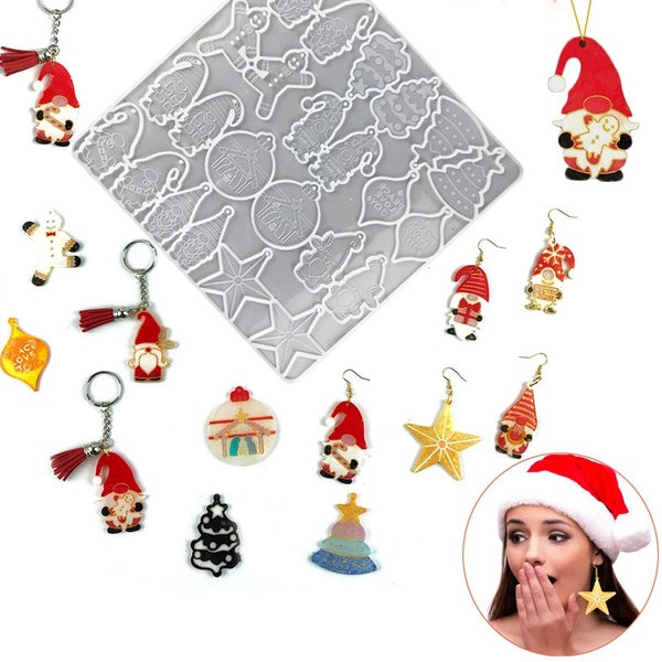 Xmas Silicone Casting Resin Mold Christmas Tree Santa Snowman Elk Jewelry Pendants Charms Keychain Epoxy Molds for DIY Crafts Christmas Decor Hanging