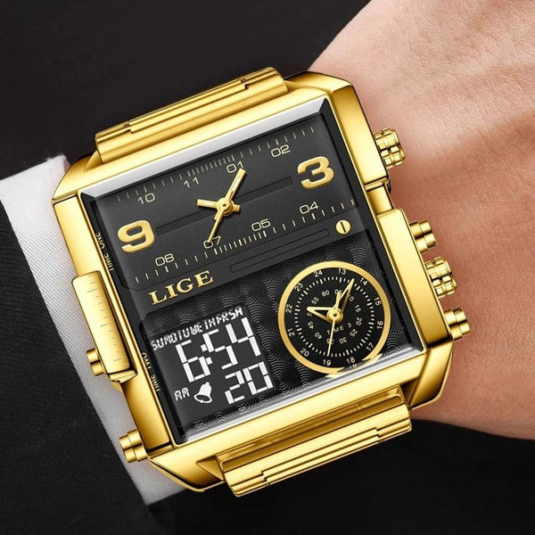 LIGE luxe Original hommes sport montre-bracelet or Quartz acier étanche double affichage horloge montres Relogio Masculino pour hommes