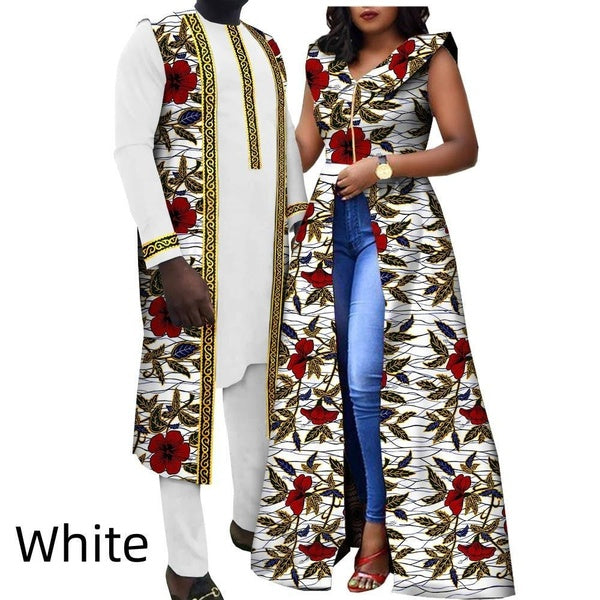 African Clothes for Couples Ankara Print Women Dresses Match Men Shirt Vest Shirt Pants 3 Pieces Set